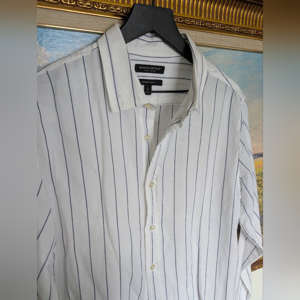 Banana Republic Linen White Shirt with Navy Vertical Stripes Large